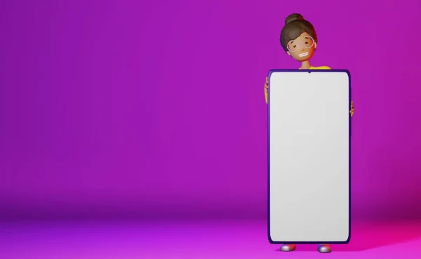 幸せなアフリカ系アメリカ人の女の子の大きなスマートフォンのモックアップネオン紫の背景3Dレンダリングアプリのデザイン フリーランスの仕事勉強広告漫画多民族文字学生ブロガーの女性のガジェット画面 — ストック写真