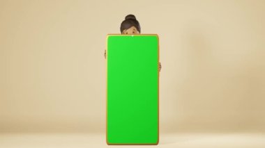 Mutlu Afrikalı Amerikalı kız, büyük akıllı telefon kroma anahtar model bej arka plan 3D animasyon döngüsü uygulama tasarımından bakıyor. Serbest çalışma Çizgi film karakteri blogcusu kadın aygıt ekran görüntüsü