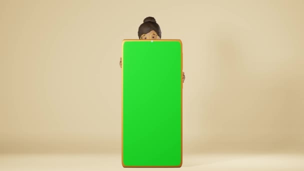 Happy African American Girl Peeks Out Big Smartphone Chroma Key — Stockvideo