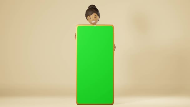 快乐的非洲裔美国女孩从大型智能手机彩色键模仿米色背景3D动画循环应用程序的设计 学习卡通角色博客女性小玩艺儿荧幕展示 — 图库视频影像