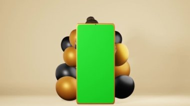 Mutlu Afrikalı Amerikalı kız büyük akıllı telefon kroma anahtar modelleme balonları bej arka plan 3 boyutlu animasyon döngüsü uygulama tasarımları. Serbest çalışma Çizgi film karakteri blogger kadın aygıtı üzerinde çalışıyor