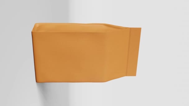 褐色袋装咖啡豆品牌旋转垂直3D动画循环 商品箱底包装设计 空白食品小吃产品牛皮纸包装模板 商铺派递折扣示范4K — 图库视频影像