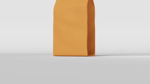 褐色袋装咖啡豆品牌旋转3D动画白色背景 商品纸包装设计 空白食品小吃产品皮包广告模板商店交货折扣演示 — 图库视频影像