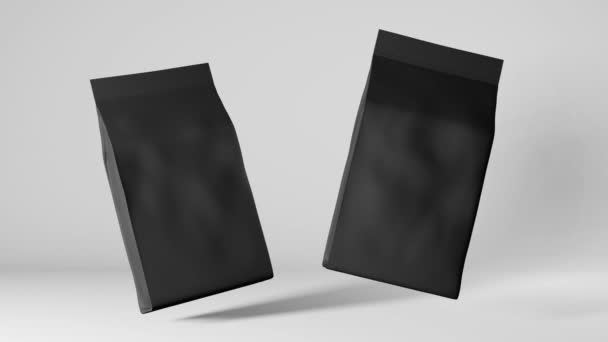黑色袋装咖啡豆品牌浮动3D动画循环4K 商品包装弹药的设计 空白食品小吃铝箔包装广告模板商店送货打折演示活动 — 图库视频影像