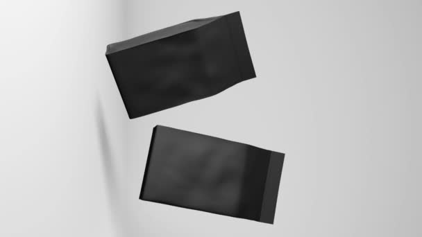 ブラックポーチバッグコーヒー豆ブランディング浮動3Dアニメーションループ4K垂直 商品パックプロモーションデザイン ブランク食品スナック製品箔パッケージ広告テンプレート店配信割引デモ — ストック動画