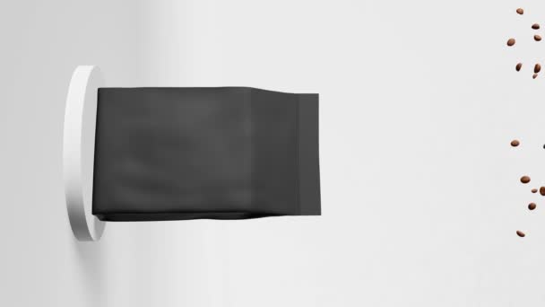 Black Pouch Bag Falling Coffee Beans White Podium Animation Vertical — Vídeo de Stock