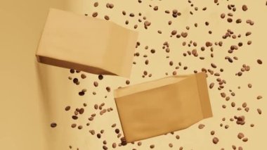 Kahverengi kese kağıtları kahve çekirdeklerini havaya kaldırıyor. 3D animasyon dikey 4K bej tasarım. Yüzen mallar ambalaj logosu tanıtımı. Boş Kraft ürün şablonu Dükkan dağıtım indirimi indirimi pazarlama