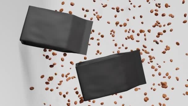 Black Matte Pouch Bags Falling Coffee Bean Animation Vertical Design — Vídeo de Stock