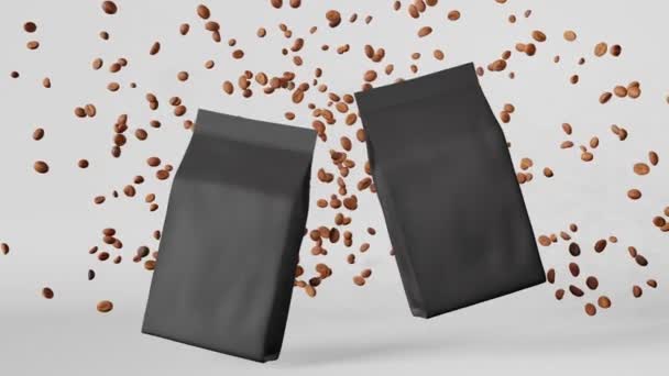 Black Matte Pouch Bags Falling Coffee Beans Animation Modern Design — Vídeos de Stock