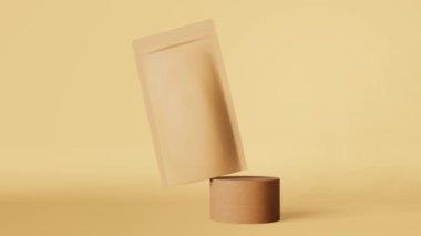 Kahverengi kesekâğıdı çanta kahve çekirdekleri 3 boyutlu animasyon podyum bej tasarımı. Ticari ürün ambalaj logosu tanıtımı. Boş matte kraft ürün doy paketi şablon satış indirimi tanıtımı