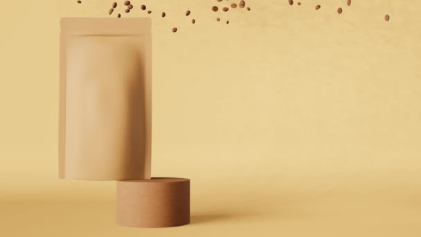 棕色纸袋落下咖啡豆3D动画平台设计 商品包装标识推广 空白皮划艇产品Doy包装悬浮模板咖啡店送货折扣示范 — 图库视频影像