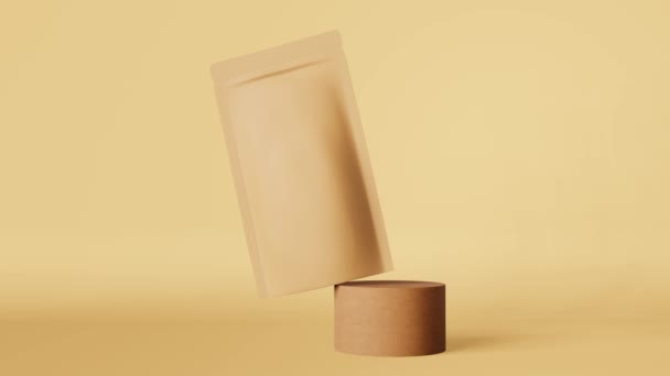 平衡褐色纸袋咖啡豆3D动画讲台米色设计 商品包装标识产品 空白垫木筏产品Doy包装悬浮模版商店销售折扣示范 — 图库视频影像