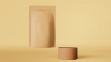 Kahverengi kesekâğıdı çanta kahve çekirdekleri 3 boyutlu animasyon podyum bej tasarımı. Ticari ürün ambalaj logosu tanıtımı. Boş matte kraft ürün doy paketi kozmetik şablonu. Mağaza indirimi tanıtımı