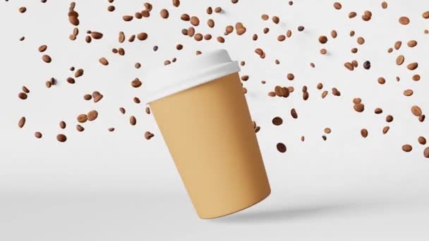 纸咖啡杯白色盖子脱落豆3D动画 咖啡店打折示范送货热饮销售横幅 商品促销设计 空白即弃杯模板飞行烘烤阿拉伯 — 图库视频影像