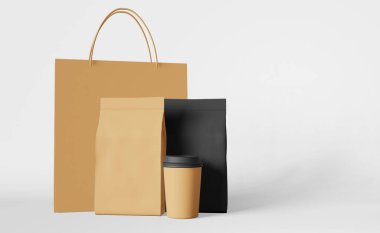 Paketleme seti kağıt alışveriş çantası siyah çanta kahve poşetleri 3D tasarım. Yemek dağıtım afişini kaldır. Mağaza indirimi gösterisi. Ticari ürün promo tasarımı Boş ürün şablonu