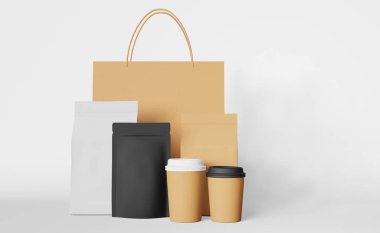 Packaging set paper shopping bag black pouch bags coffee cup mockup 3D rendering. Take away food delivery sale banner. Shop discount demonstration. Merchandise promo design Blank product pack template clipart