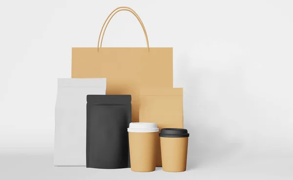 Packaging set paper shopping bag black pouch bags coffee cup mockup 3D rendering. Take away food delivery sale banner. Shop discount demonstration. Merchandise promo design Blank product pack template