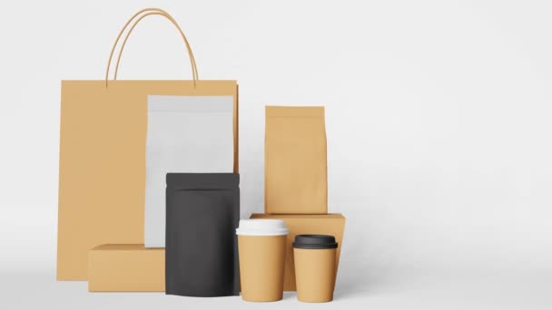 Packaging Set Paper Shopping Bag Black Pouch Coffee Cups Box — Vídeos de Stock