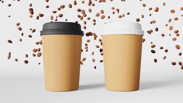 两个跳舞的纸杯 白色黑色盖子 飘扬咖啡豆3D动画 跳饮料咖啡店送货折扣示范 热饮销售横幅 空白商品弹药设计模板 — 图库视频影像