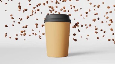 Dans eden siyah bardak kapağı uçan kahve çekirdekleri 3 boyutlu animasyon. Sıcak bir içecek dükkanı teslimatı indirimli indirimli satış pankartı. Boş ürün etiketi promo tasarım hareketi grafiği 4K