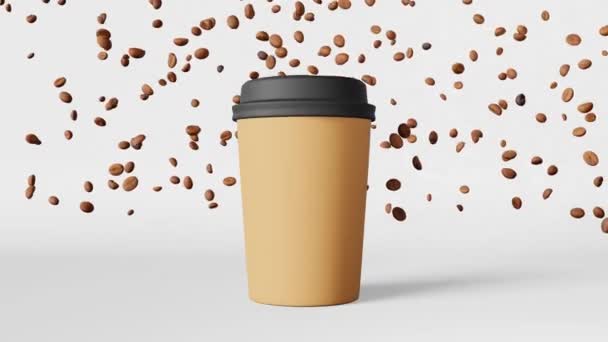Dancing Paper Cup Black Lid Flying Coffee Beans Animation Jumping — Vídeo de stock