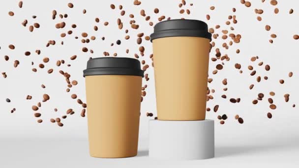 紙コーヒーカップ白い蓋豆表彰台3Dアニメーションを飛んで コーヒーショップ割引デモンストレーション配信ホットドリンク販売バナー プロモーションデザインを商品化する 空の使い捨てカップテンプレートローストアラビカ — ストック動画