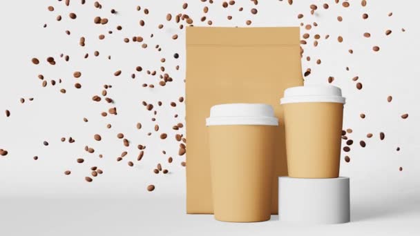 Paper Pouch Bag Coffee Cups White Lids Falling Beans Podium — Vídeos de Stock