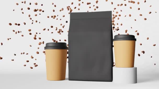 Paper Pouch Bag Coffee Cups Black Lids Falling Beans Podium — Stock videók