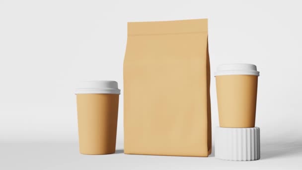纸杯咖啡与白色盖子袋造型在平台3D动画 咖啡店打折示范交货热饮销售 商品弹药设计空白包装模板烘烤阿拉伯面 — 图库视频影像