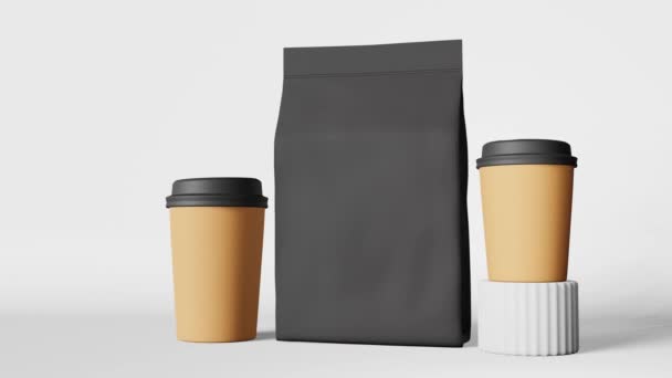 纸杯咖啡杯黑色封袋造型平台3D动画循环 咖啡店折扣示范送货 热饮销售商品弹药设计空白包装模板烤阿拉伯面 — 图库视频影像