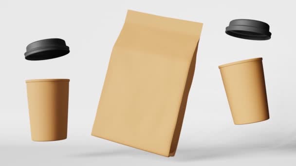 Paper Pouch Bag Coffee Cups Lids Levitating Animation Coffee Shop — Vídeos de Stock