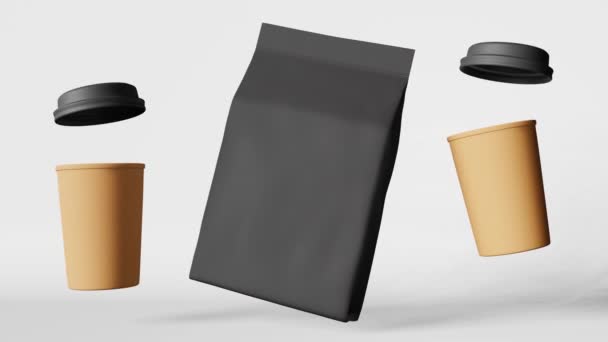 黑色袋装咖啡杯与盖子悬浮3D动画 咖啡店打折示范展示浮动热饮销售 咖啡店品牌设计飞空包装标签模板 — 图库视频影像