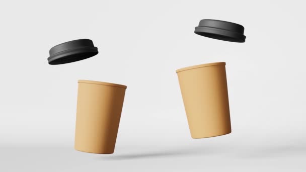 Floating Paper Coffee Cups Black Lid Flying Animation Coffee Shop — Vídeo de stock