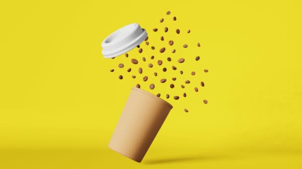 浮动纸杯咖啡杯白色盖子飞豆爆炸3D动画循环黄色咖啡店饮料折扣店热饮促销设计飞行拿铁品牌广告模板 — 图库视频影像