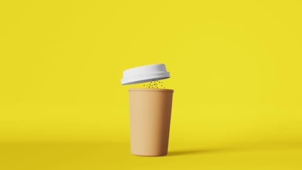 浮动纸杯咖啡杯白色盖子飞豆爆炸3D动画循环黄色咖啡店饮料折扣店热饮促销设计飞行拿铁品牌广告模板 — 图库视频影像