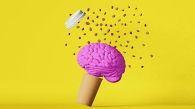 Human brain floating coffee beans explosion paper cup 3D animation loop yellow. Energy charge creative idea imagination solution concept Memory improvement mind boost Caffeine hot drink health benefit
