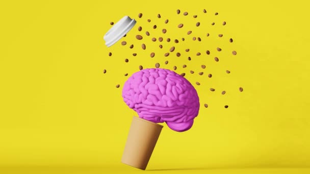 人脑漂浮咖啡豆爆炸纸杯3D动画循环黄色 能量消耗创意创意想像力解决方案概念健忘症提高咖啡因饮料对健康有益 — 图库视频影像