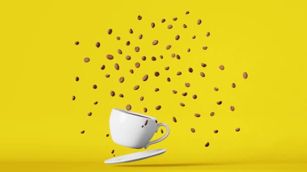Плавающие Фарфоровые Чашки Кофе Летающие Бобы Взрыв Анимации Петля Желтый — стоковое видео