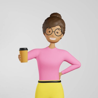 Genç Afrikalı Amerikalı kadın, serbest çalışan, kağıt kahve fincanı. Kahve molasında 3D karakter çalışanı iş kadını günlük çalışma rutini. Modern yaşam tarzı Özgelişim Üretkenlik kavramı