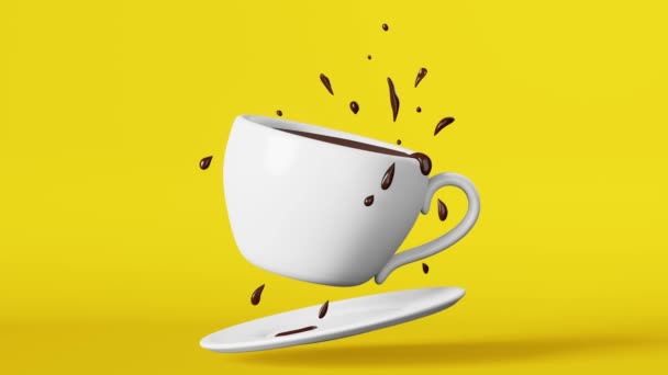 Flying Hot Chocolate Porcelain Cup Splashes Drops Animation Yellow Floating — Stock video