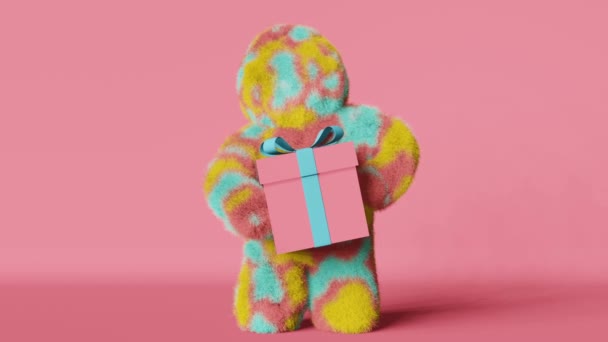 Cute Plush Rainbow Yeti Gift Box Animation Hairy Character Pink — Vídeo de stock