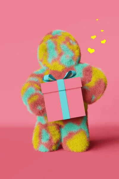 Cute plush rainbow Yeti love gift box hearts 3d rendering Valentines day pink background. Faceless colorful furry bigfoot.Modern creative minimalist holiday sale design Contemporary advertising banner