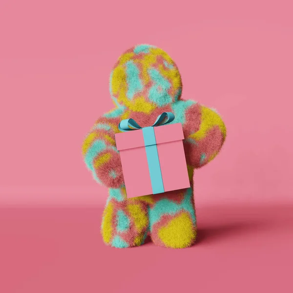 Cute plush rainbow Yeti with gift box 3d rendering hairy character pink background. Faceless colorful furry bigfoot. Modern creative minimalist shop holiday sale design Contemporary advertising banner