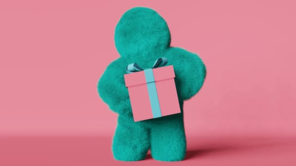 かわいいターコイズYeti誕生日ギフトボックス3Dアニメーションキャラクターピンクの背景 顔のないカラフルな毛皮の大きな足の生き物 現代的なクリエイティブホリデーセールデザイン現代的な広告バナーグリーティングカード — ストック動画