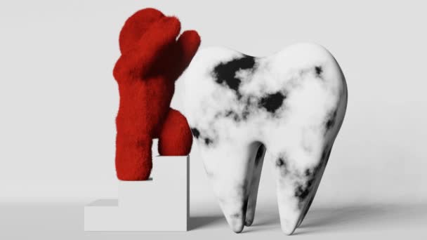 Ból Zęba Czerwony Futrzany Potwór Yeti Łapanie Zębów Trzonowych Animacja — Wideo stockowe