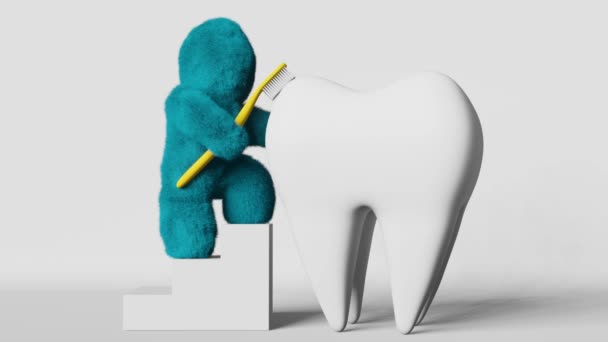 Cute Turquoise Fur Yeti Brushing White Healthy Tooth Animation Creative — Video Stock