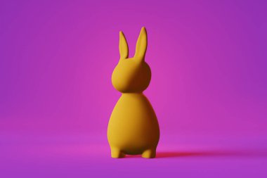 Yellow pastel rabbit in futuristic purple pink neon light 3d rendering banner. Contemporary creative minimalist style Modern easter party pop-art poster invitation design Social media content template