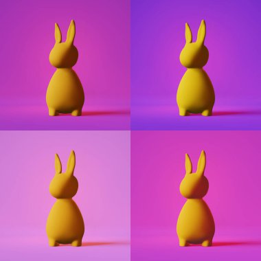 Yellow pastel rabbit in futuristic purple pink neon light 3d rendering banner. Contemporary creative minimalist style Modern easter party pop-art poster invitation design Social media content template