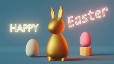 Happy Easter greeting card Shiny golden bunny eggs futuristic blue neon light 3d animation. Contemporary creative minimalist style. Modern party pop-art invitation design Social media content template