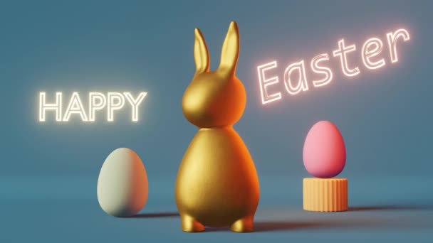 Happy Easter Greeting Card Shiny Golden Bunny Eggs Futuristic Blue — 图库视频影像